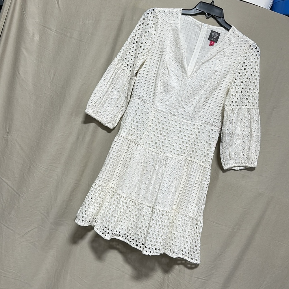 Vince Camuto White Eyelet V-Neck Tiered Dress - Picture 2 of 9